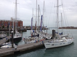 Distant Drum in Gunwharf Marina, Portsmouth, dwarfed by the ocean racing yachts