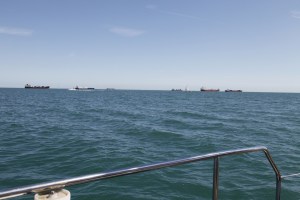 Anchored tankers waiting to be called in to port