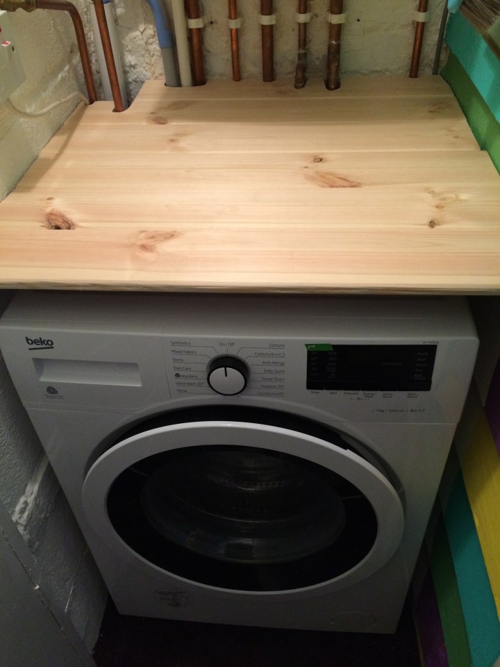 My hand made shelf, made from tongue and groove, which can be dismantled in two sections for access to the plumbing behind. Lovely new washing machine, quiet, the door stays on, no beeping, slimline (unlike me) and 7kg capacity